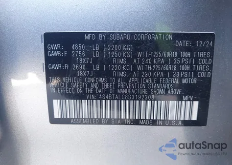 2025 Subaru Outback Onyx Edition z USA, uszkodzony, nr VIN 4S4BTALC8S3192308